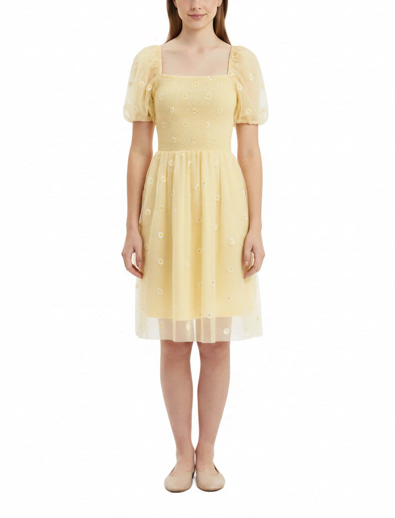 Yellow Dress with White Flowers - Handmade