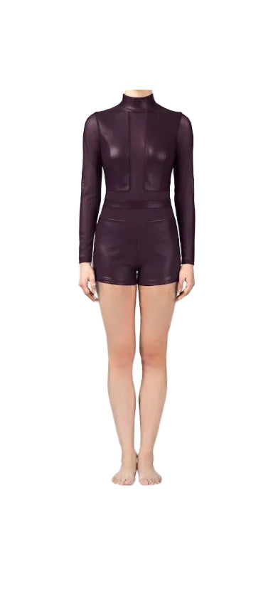 Deep Plum Pleather and Mesh Unitard - Handmade