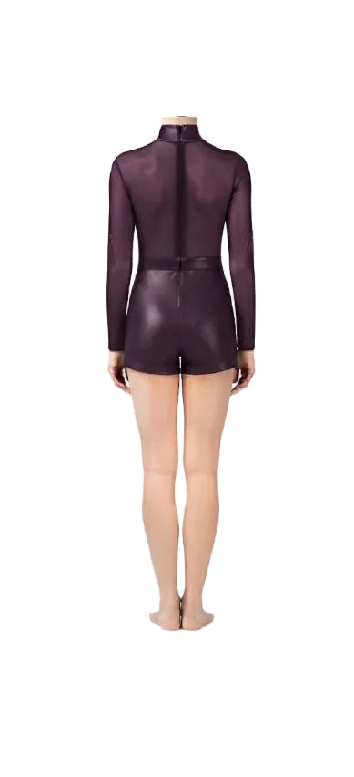 Deep Plum Pleather and Mesh Unitard - Handmade