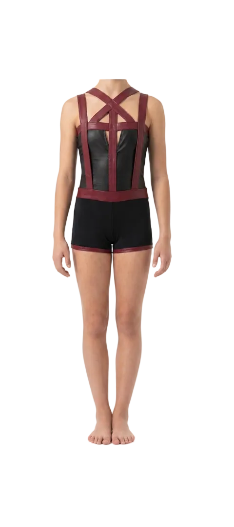 Black with Burghundy Straps Unitard - Handmade
