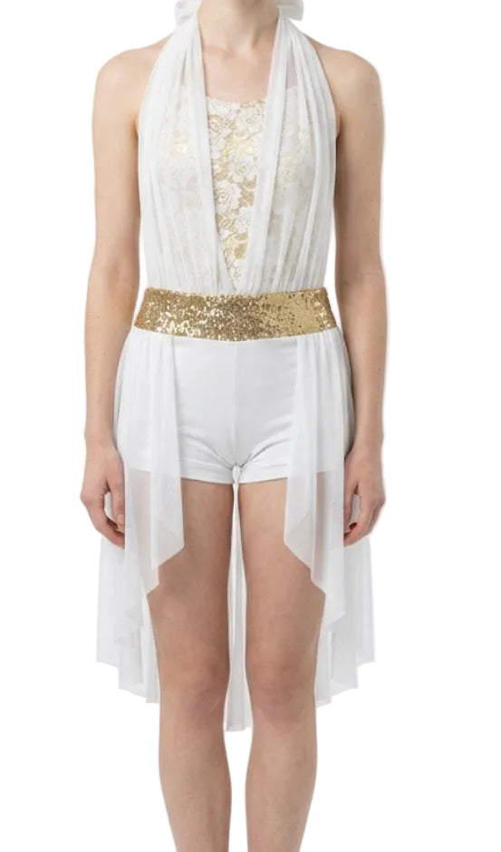 White and Gold Unitard with half skirt - Weissman