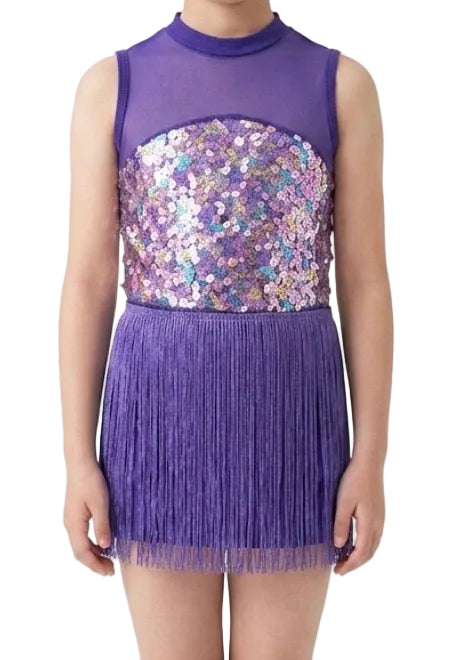 Sparkly Purple Unitard with Fringe Overlay - Layla's Dance