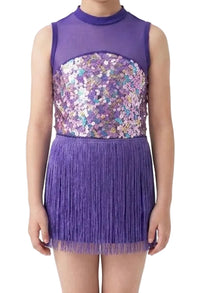Sparkly Purple Unitard with Fringe Overlay - Layla's Dance