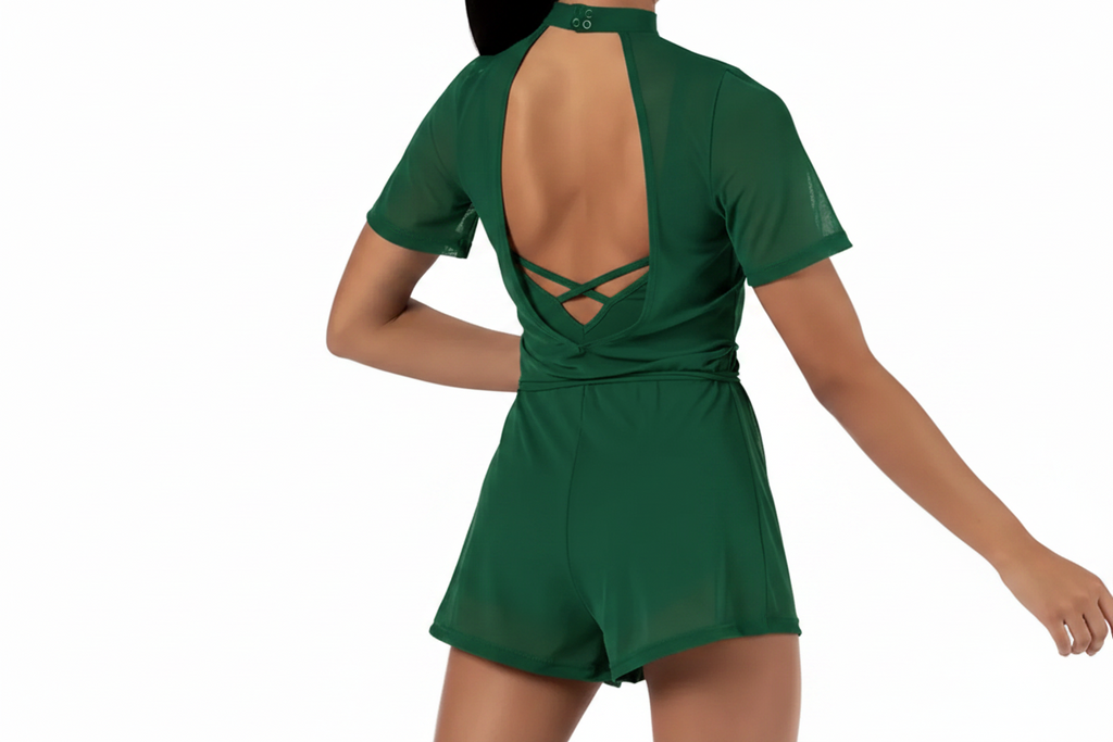 Mock Neck Short Sleeve Power Mesh Romper | Balera