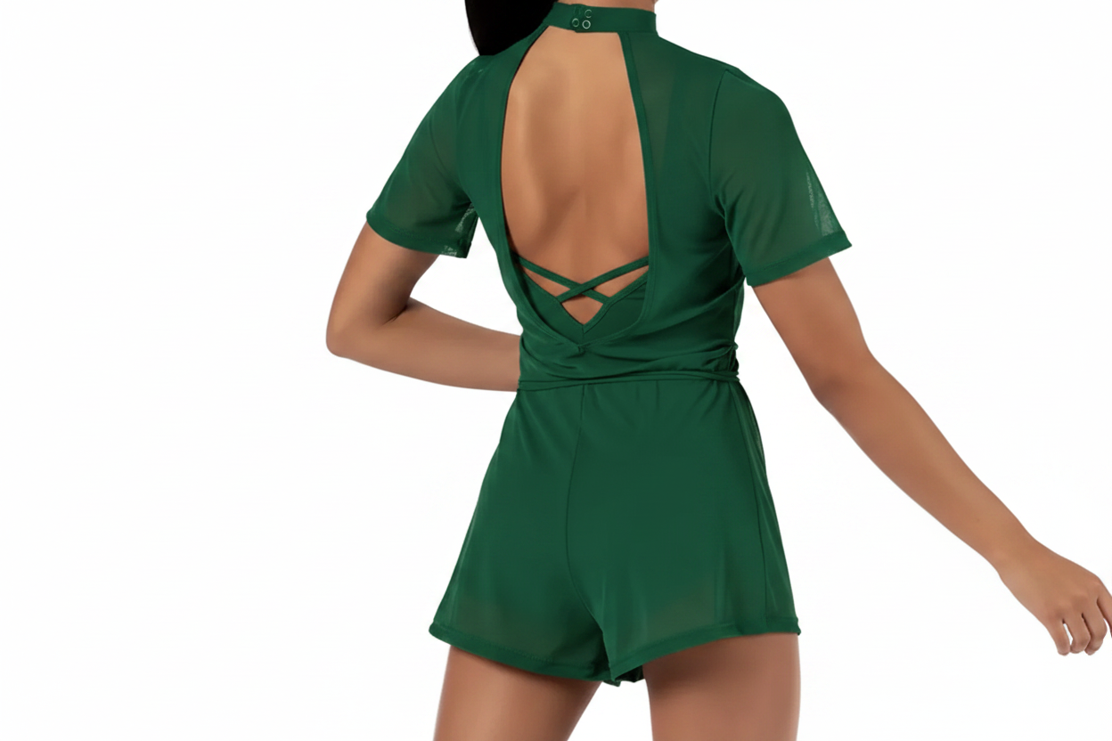 Mock Neck Short Sleeve Power Mesh Romper | Balera