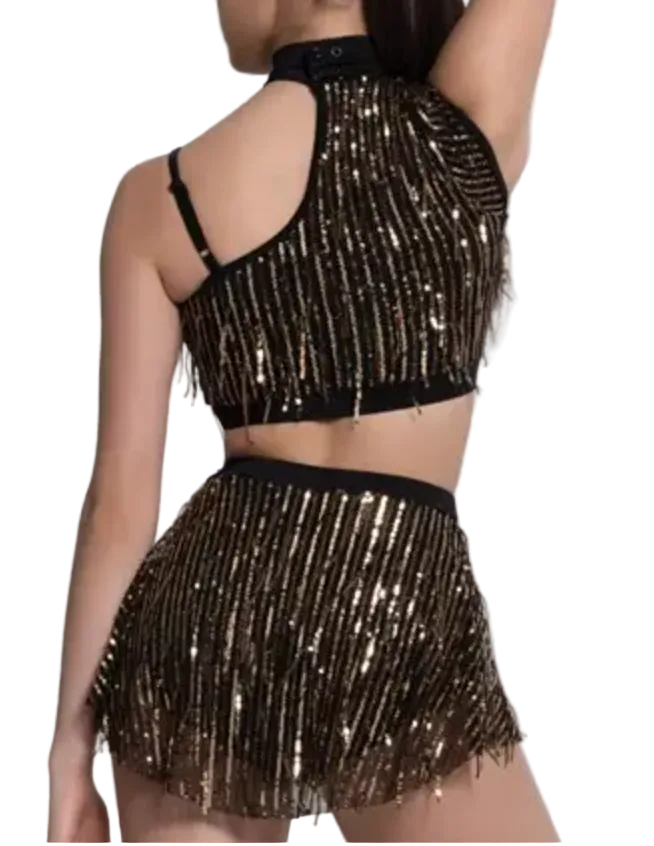 Two Piece with Gold Sequins and Asymmetrical Top - Weissman